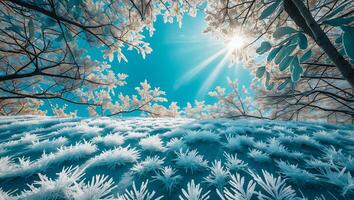 Looking Up at Sky Through Frozen Grass and Snowy Trees photo