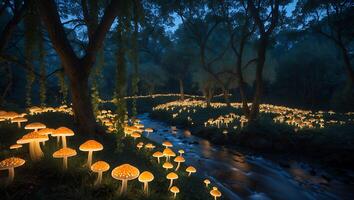 Glowing Mushrooms Illuminate a Stream in Enchanted Forest at Night photo