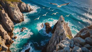 Seagulls Fly Over Rocky Coastline with Turquoise Ocean Waters Scene photo
