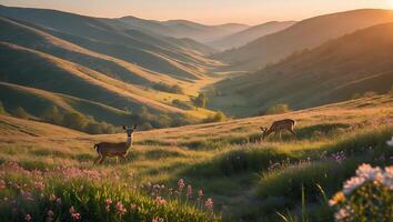 Deer Grazing in Mountain Meadow with Wildflowers at Golden Hour photo