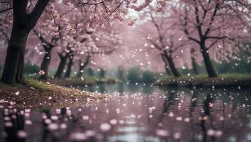 Cherry Blossom Trees Along River with Pink Petals Gently Falling photo