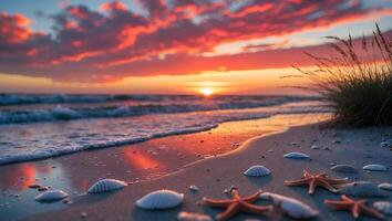 Seashells and Starfish on Sandy Beach at Sunset with Colorful Sky photo