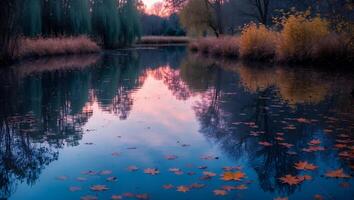 Reflecting Pond at Dusk with Autumn Leaves and Tree Reflections photo
