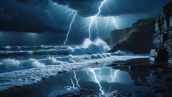 Lightning Strikes Over Ocean Waves Crashing on Shore Near Cliffs photo