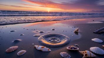 Seashells on Sandy Beach Reflecting the Sunset Sky at Dusk photo