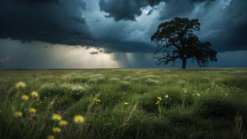 Lone Tree Standing in Field Under Approaching Storm with Rain photo
