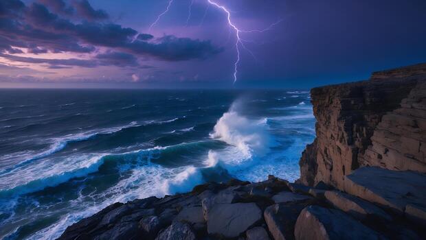 Lightning Strikes Over the Ocean Waves Crashing on Rocky Coastline photo
