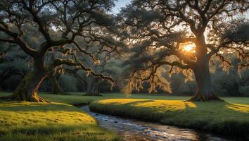 Flowing Creek Under Old Trees with Spanish Moss and Golden Light photo