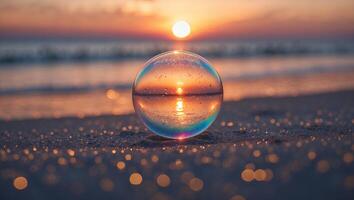 Reflecting Sunset Through Crystal Ball on the Beach at Dusk photo