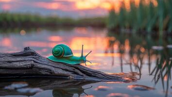 Snail Exploring Log at Sunset Over the Water's Edge photo