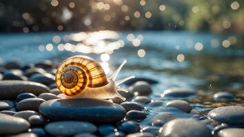 Snail Crawling on River Rocks with Sunlight Reflecting on Water photo