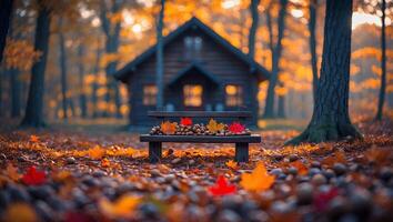 Cabin Scene in Autumn Forest with Leaves and Bench View photo
