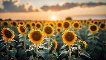 Sunflowers Growing in Field at Sunset with Dramatic Cloudy Sky photo