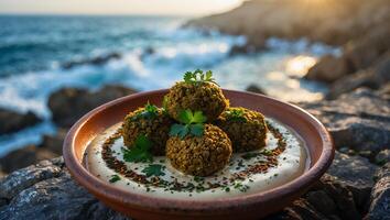 Serving Falafel on Creamy Sauce with Parsley by the Ocean photo