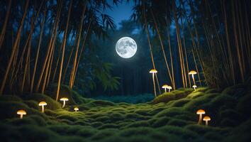 Glowing Mushrooms in Magical Forest Under Full Moon at Night photo