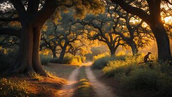 Winding Path Through Forest with Sunlight and Wildlife Silhouette photo