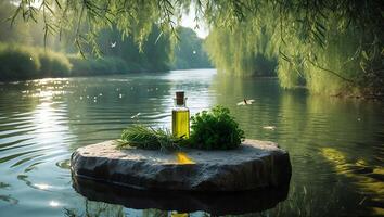 Herbal Oil Bottle Displayed on Rock in Serene River Setting photo