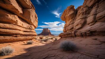 Desert Canyon View with Rock Formations and Blue Sky Landscape photo
