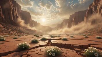 Desert Canyon Landscape with Cracked Ground and Wildflower Accents photo