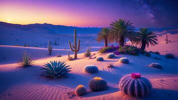 Desert Landscape at Dusk Featuring Cacti and Palm Trees Scenery photo