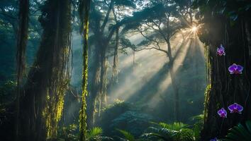 Sun Rays Through Lush Jungle Canopy with Hanging Vines and Orchids photo