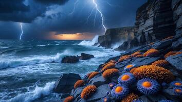 Lightning Storm Over Rocky Coastline with Waves and Colorful Flora photo