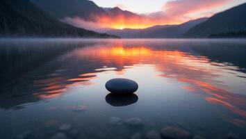 Stone Rests on Still Lake Water Reflecting Sunrise Colors photo