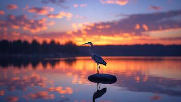 Heron Standing on Rock Reflecting Sunset Colors Over Calm Lake photo