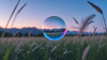 Floating Soap Bubble Reflecting Field and Mountain at Dusk Serenity photo