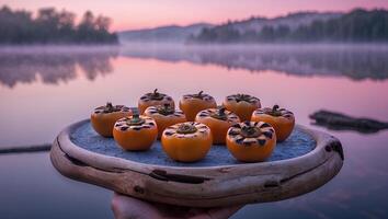Serving Fresh Persimmons on Wooden Tray with Lake and Sunrise Backdrop photo