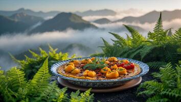 Savory Food Presentation with Mountain Scenery and Green Ferns photo