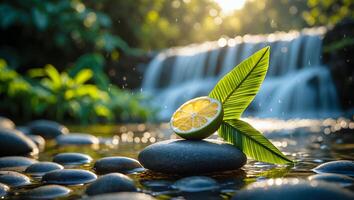 Lime Slice on Stone with Waterfall Backdrop Evokes Refreshing Spa Feeling photo