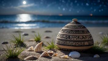 Ornamental Pot with Sea Shells on Beach Under Starry Sky photo