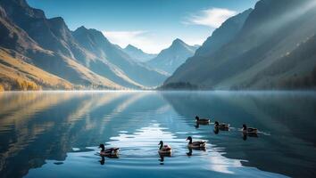 Ducks Swimming Serene Lake with Mountain Backdrop and Foggy Atmosphere photo