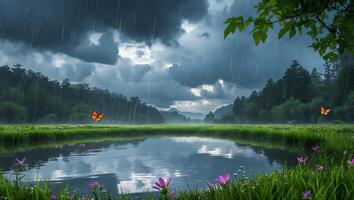 Rainy Landscape with Lake, Meadow and Forest Reflecting Cloudy Sky photo