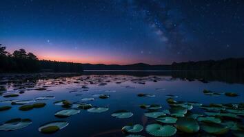 Lake Scene with Lily Pads Reflecting Night Sky and Stars photo