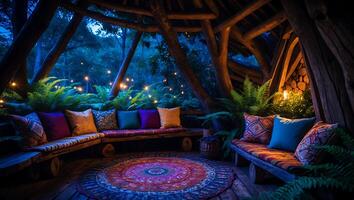Cozy Wooden Treehouse Interior with Comfortable Seating and Evening Lights photo