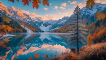 Reflecting Lake Surrounded by Autumnal Forest and Snow-capped Mountains photo