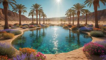 Palm Trees Oasis with Clear Water and Flowers Landscape Scene photo