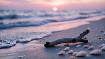 Seashells and Driftwood on Sandy Beach at Soft Sunset by the Ocean photo