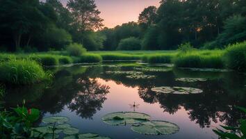 Reflective Pond Landscape with Dragonfly at Dusk and Lush Vegetation photo