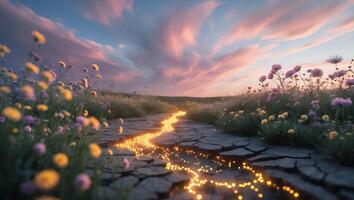 Walking Cracked Path Through Wildflowers at Dusk with Magical Light photo