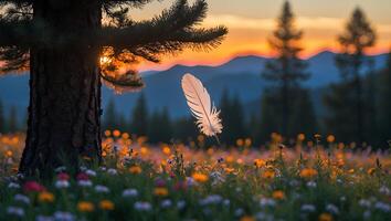 Feather Floating in Meadow with Sunset Mountain Backdrop photo