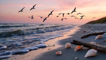 Seagulls Flying Over Beach at Sunset with Seashells and Waves photo