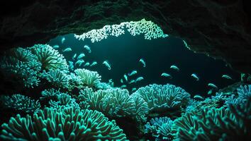 Exploring Underwater Coral Reef Cave with Fish Swimming Around Corals photo