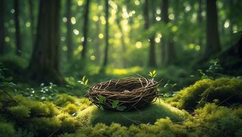 Empty Nest Resting in a Mossy Forest Floor with Sunlight photo