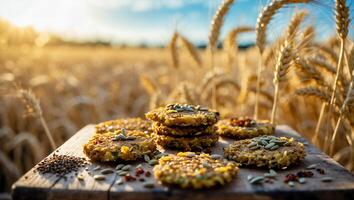 Presenting Grain Cakes on Wooden Board with Wheat Field Background photo
