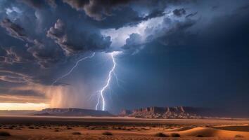 Lightning Strikes Over Desert Landscape During a Dramatic Storm photo