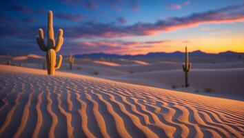 Cactus in Desert at Sunset with Sand Dunes and Colorful Sky photo
