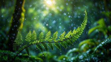 Fern Frond in Lush Forest with Rain and Bokeh Sunlight photo